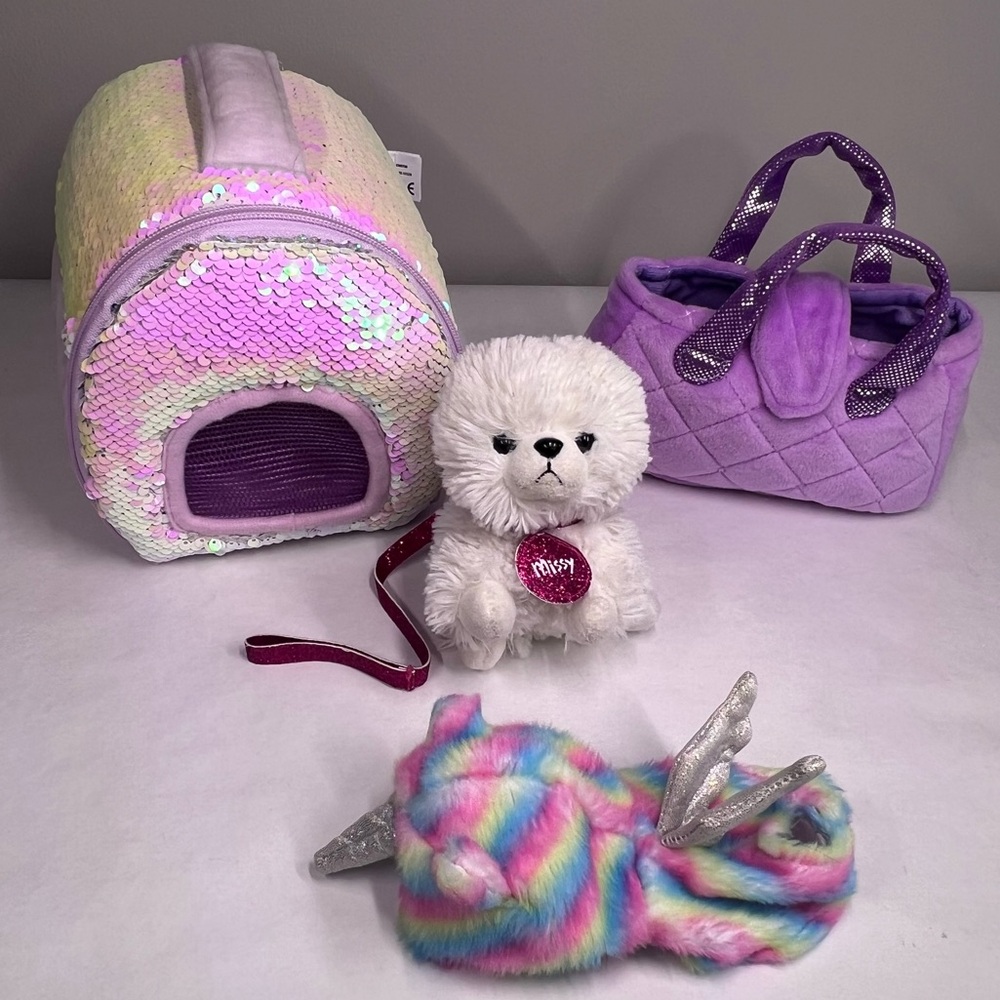 Justice Stuffed “Missy” Dog - Includes 2 carrying cases, pj’s, dog & leash.